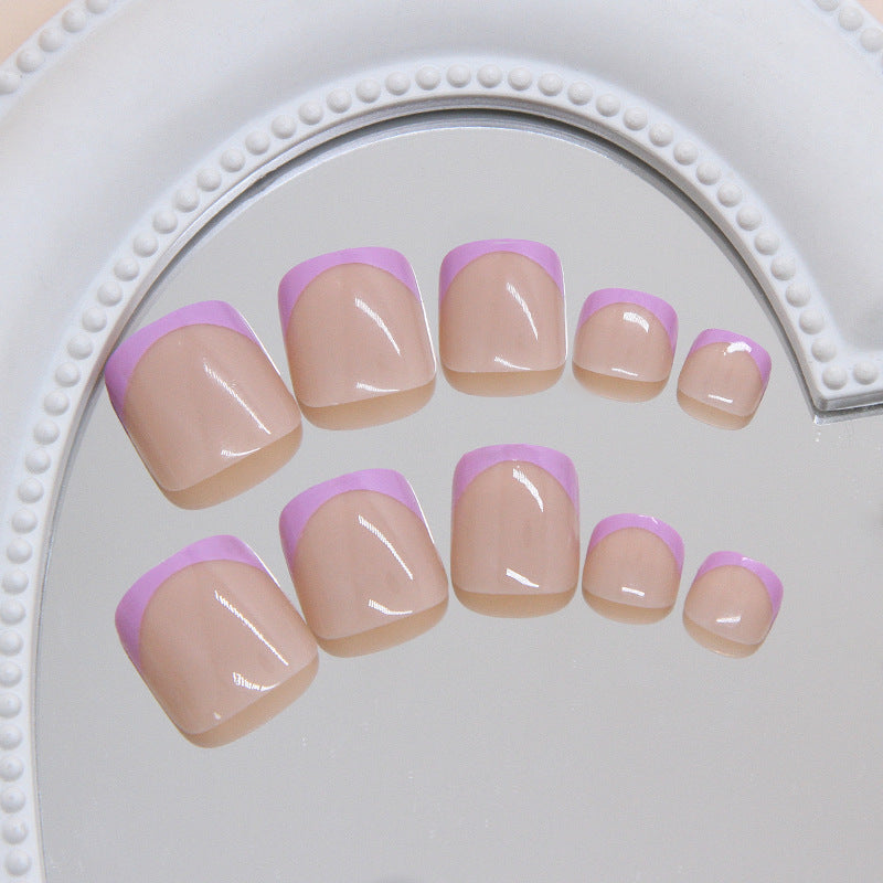 Enchanted Elegance Short Square Beige and Lavender Tip Press-On Toenail Set with Glossy Finish