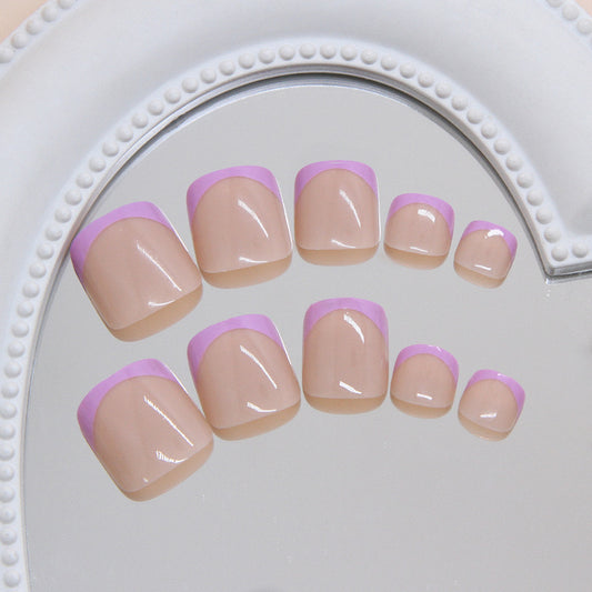 Enchanted Elegance Short Square Beige and Lavender Tip Press-On Toenail Set with Glossy Finish