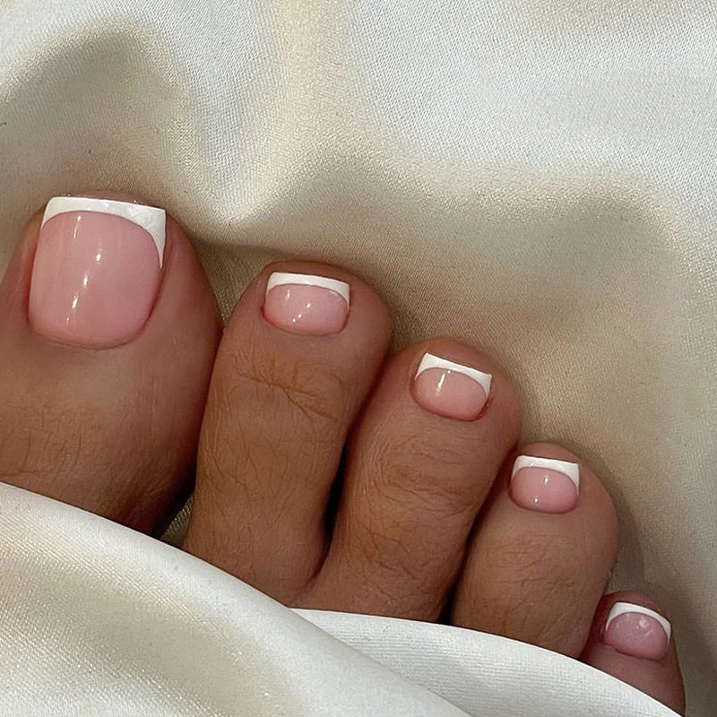Chic Modern Elegance Short Square Soft Pink Press On Toenail Set with White French Tips