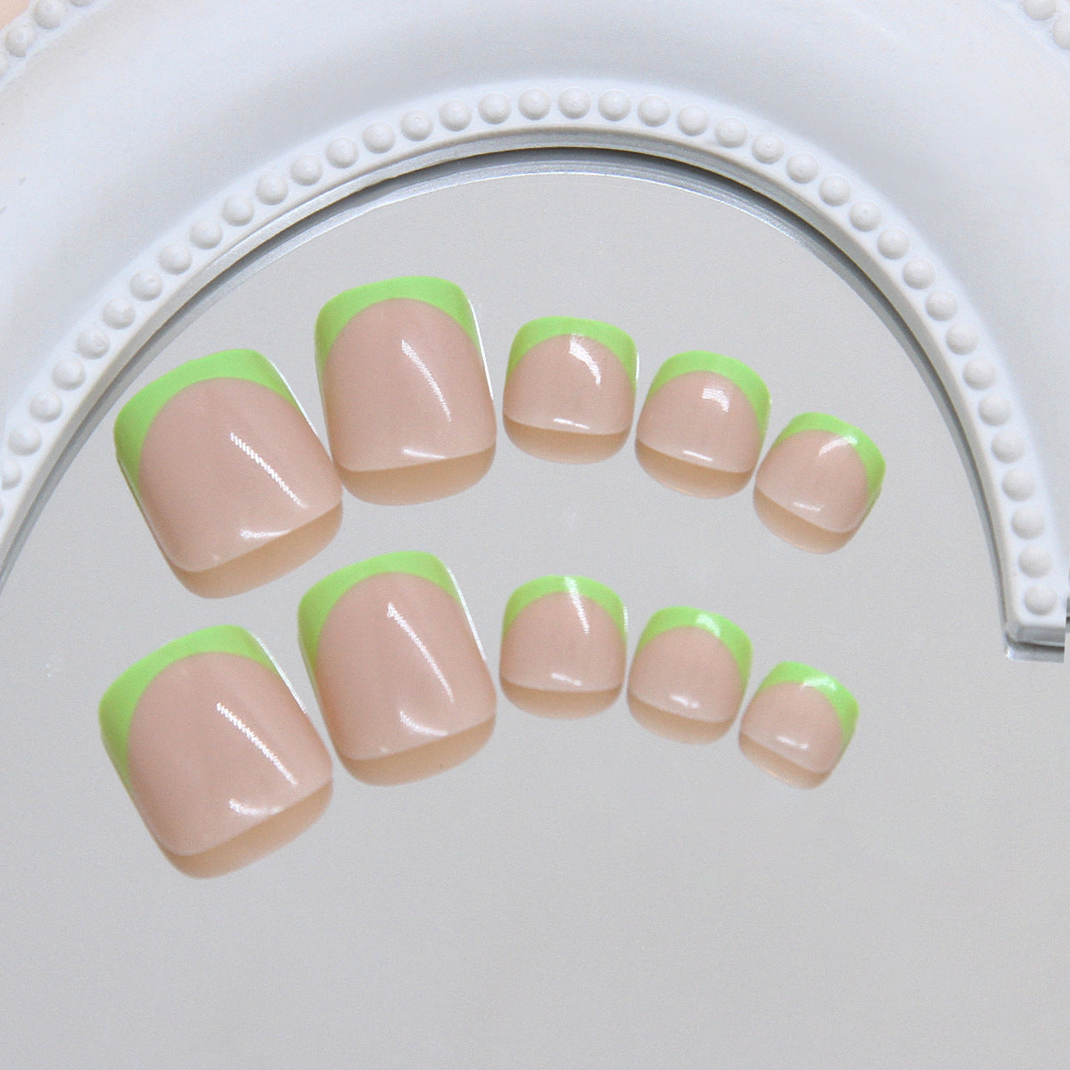 Electric Garden Chic Short Square Beige with Neon Green Tip Press-On Toenail Set