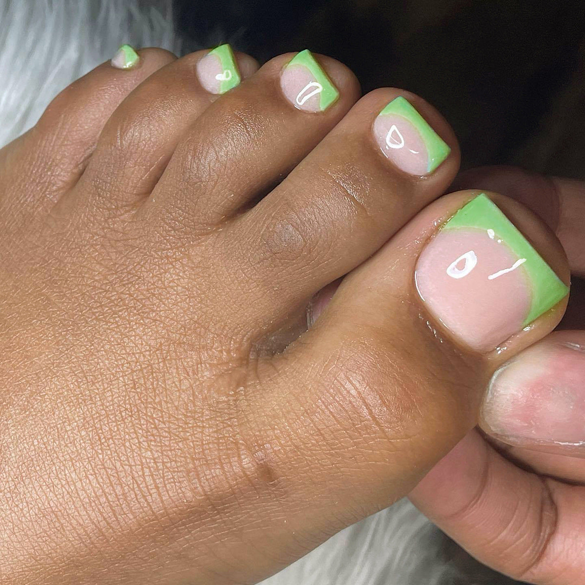Tropical Vibes Square Press On Toenail Set in Short Pastel Pink with Neon Green Tips and Glossy Finish