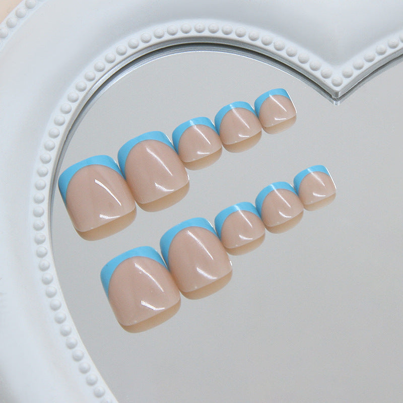 Ocean Breeze Elegant Short Square Shaped Beige and Blue Press on Toenail Set with Stylish French Tip Design