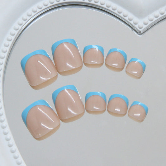 Beachy Bliss Short Square Press-On Toenail Set in Soft Beige with Vibrant Blue French Tips and Easy Application