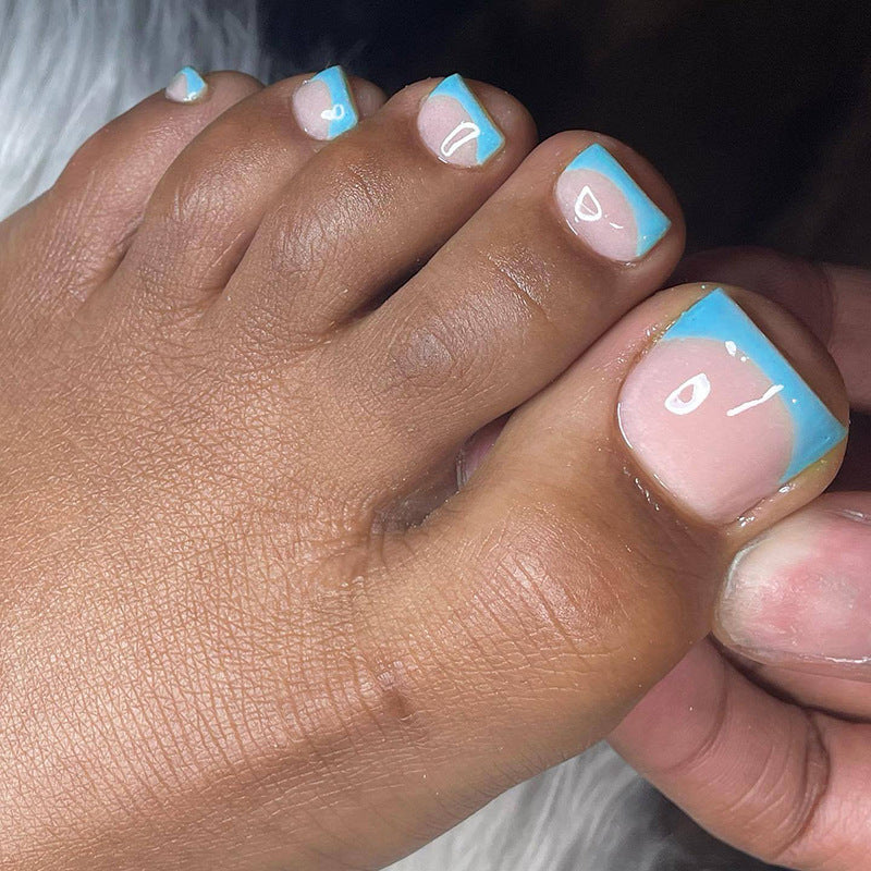 Beachy Bliss Short Square Shape Soft Pink with Bold Blue Tips Unique Gloss Finish Press on Toenail Set