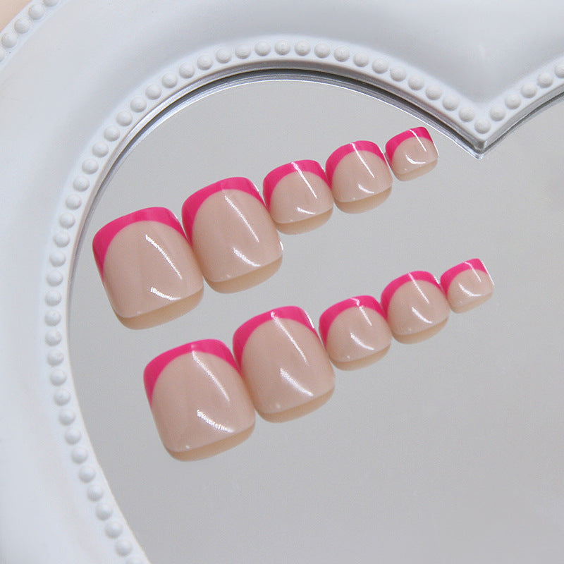 Chic Romance Short Square Almond Medium Length Beige with Vibrant Pink Tips Press On Toenail Set