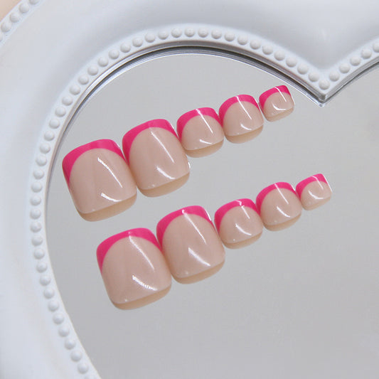 Chic Romance Short Square Almond Medium Length Beige with Vibrant Pink Tips Press On Toenail Set