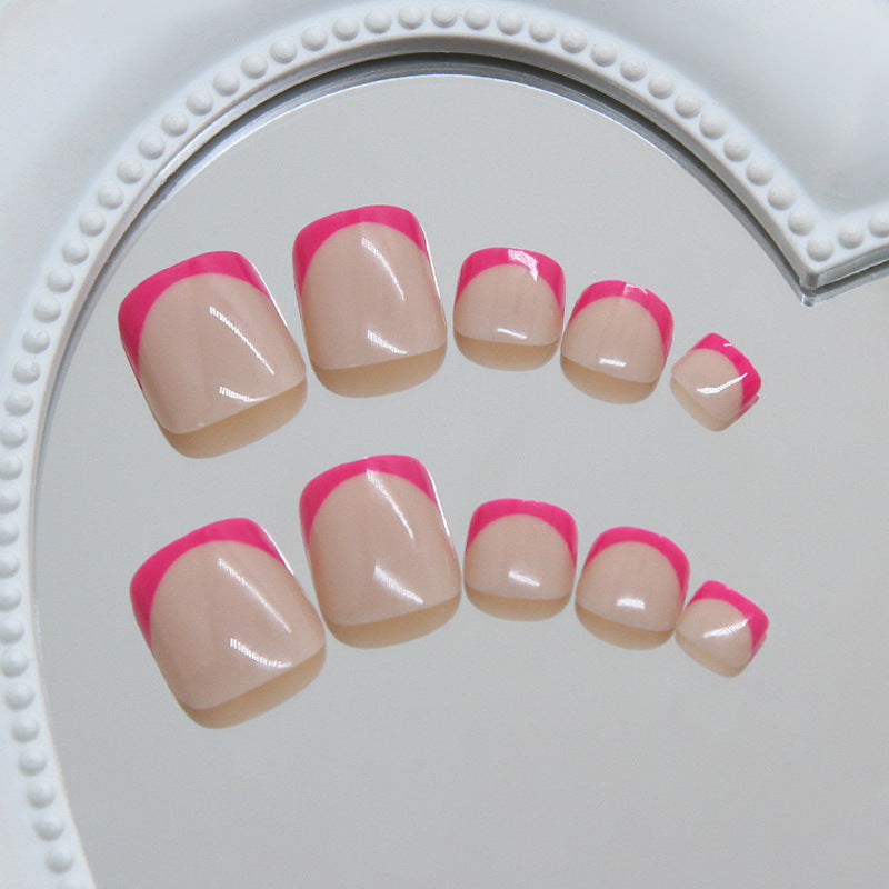 Chic Summer Vibes Short Square Shape Soft Beige with Bold Pink Tips Press On Toenail Set