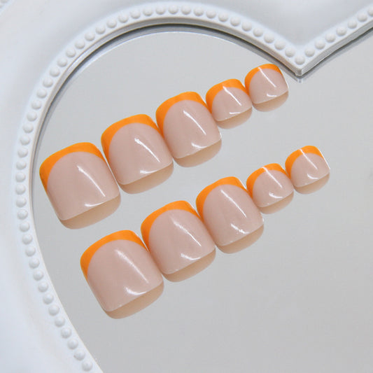 Vibrant Sunset Press-On Toenail Set in Long Short Square Beige with Bold Neon Orange Tips