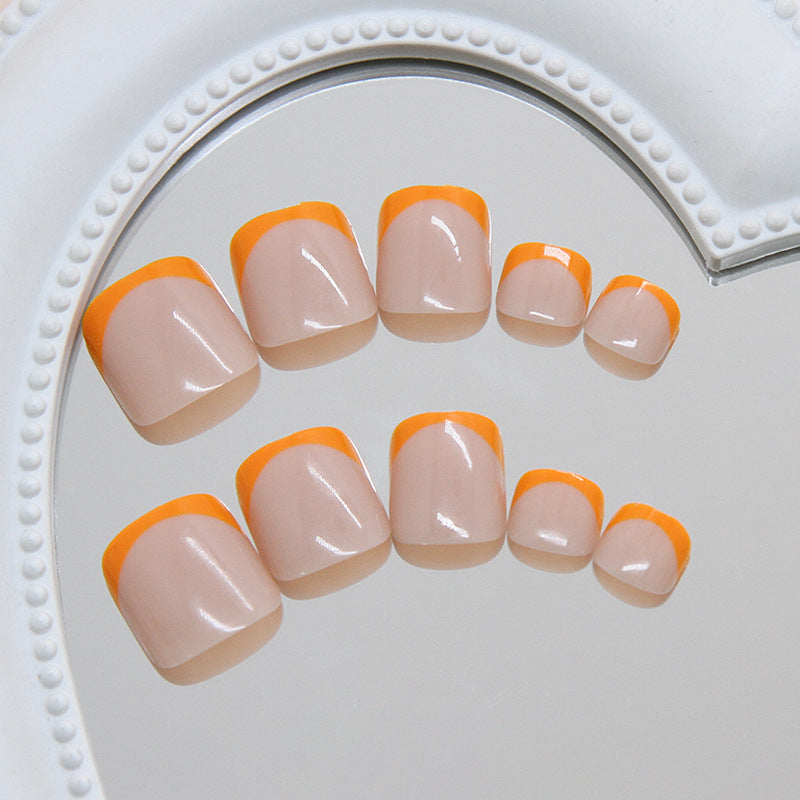 Tropical Sunset Short Square Beige Toenails with Vibrant Orange Tips and Elegant French Design