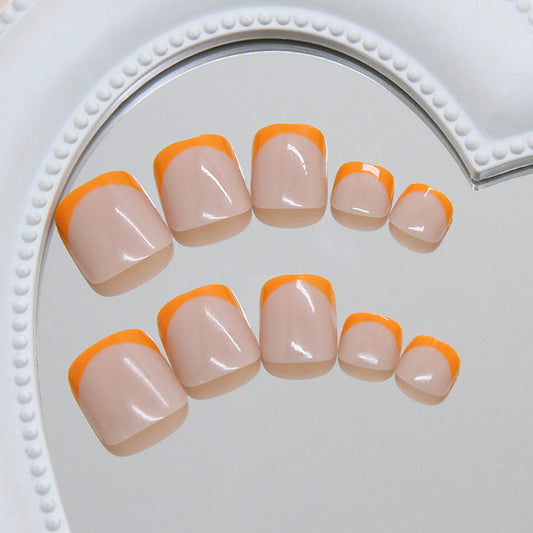 Tropical Sunset Short Square Beige Toenails with Vibrant Orange Tips and Elegant French Design