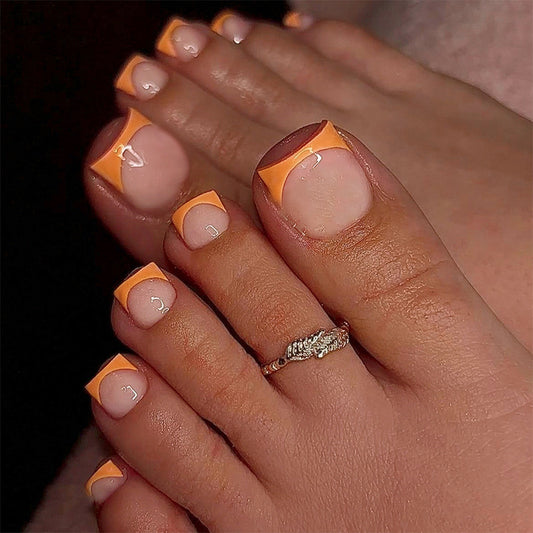 Tropical Vibes Short Square Orange Tip Press on Toenail Set Featuring Glossy Finish and Stylish Design