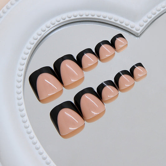 Elegant Night Out Short Square Beige and Black Dual Tone Design Press on Toenail Set