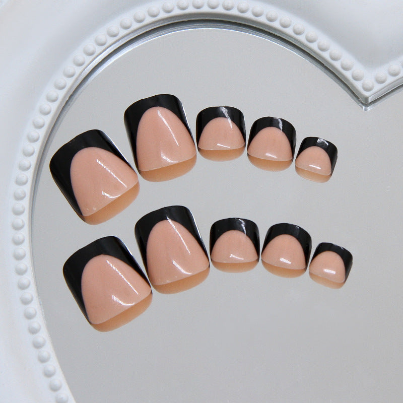Elegant Night Out Short Square Beige with Black Tip Toenail Set