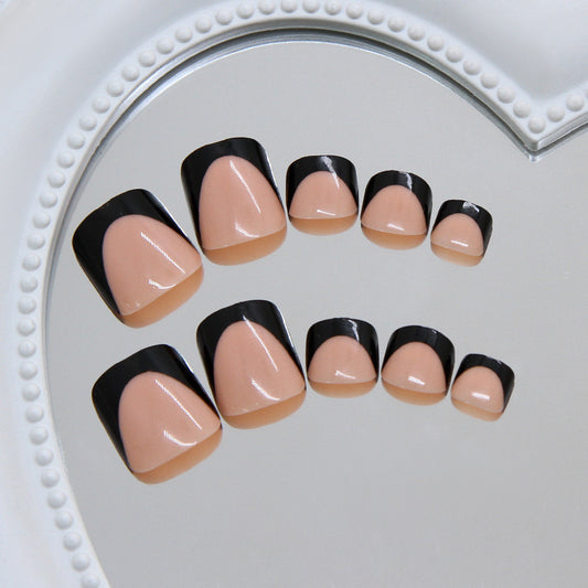 Elegant Night Out Short Square Beige with Black Tip Toenail Set