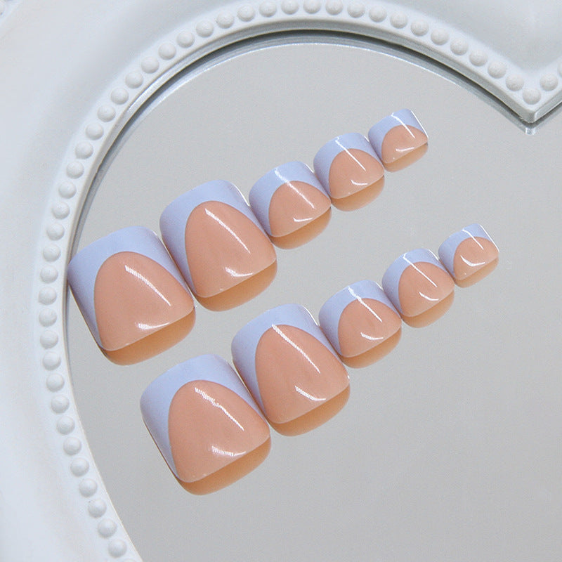 Chic Elegance Short Square Beige and White Color Block Press On Toenail Set