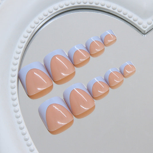 Chic Elegance Short Square Beige and White Color Block Press On Toenail Set