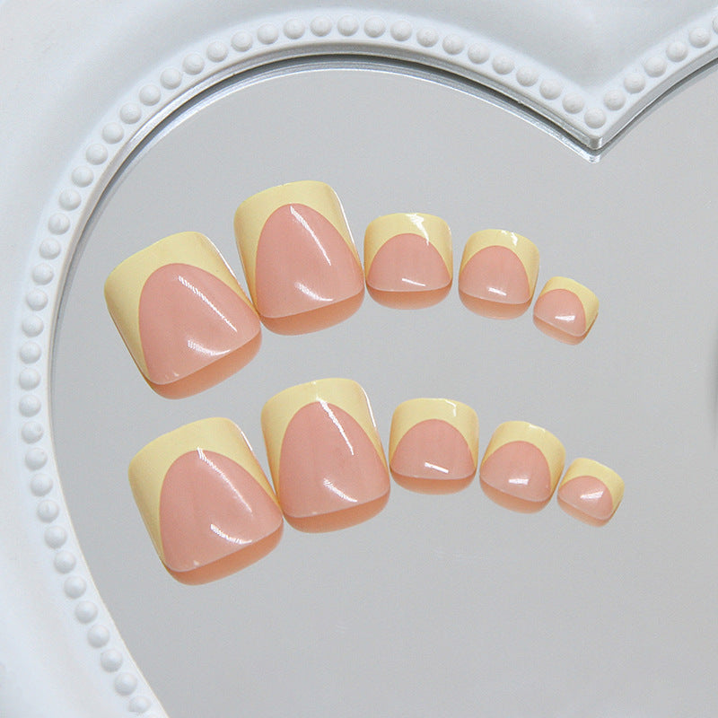 Sunny Vibes Short Square Beige and Yellow French Tip Press on Toenail Set
