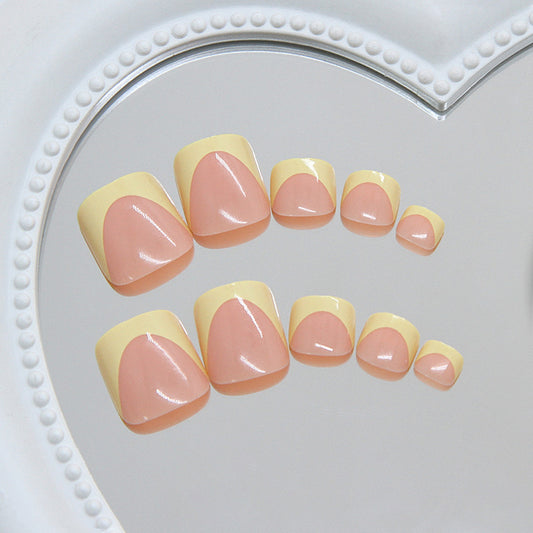 Sunny Vibes Short Square Beige and Yellow French Tip Press on Toenail Set