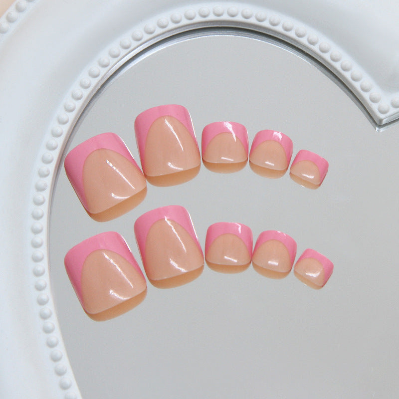 Sweet Bliss Short Square Beige Pink Designer Press On Toenail Set with Unique French Tip Design