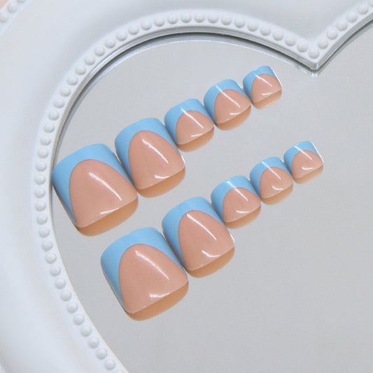 Dreamy Beach Vibes Short Square Blue and Beige Two-Tone Press On Toenail Set