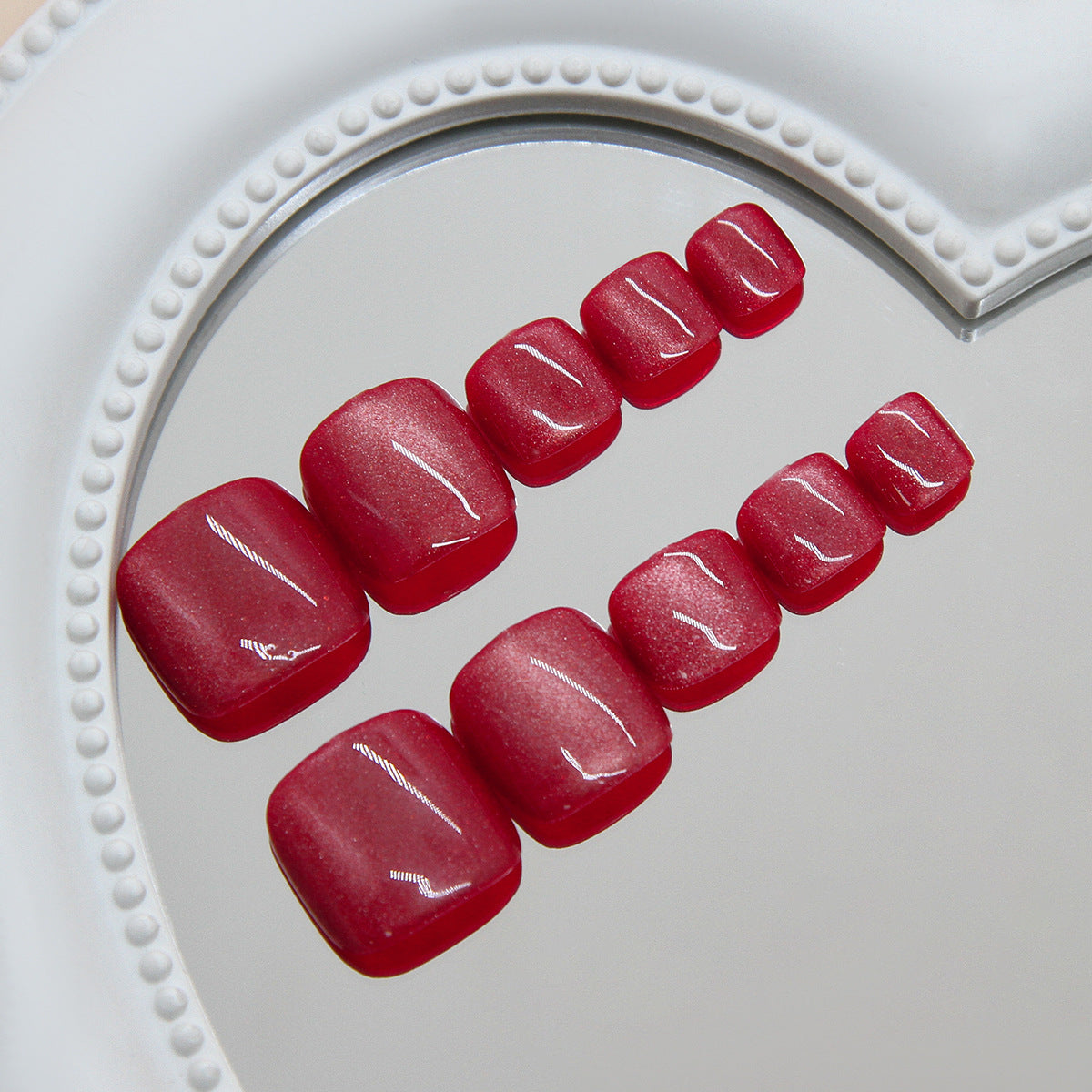 Romantic Red Short Square Toenail Set with Shimmering Finish
