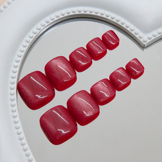 Romantic Red Short Square Toenail Set with Shimmering Finish
