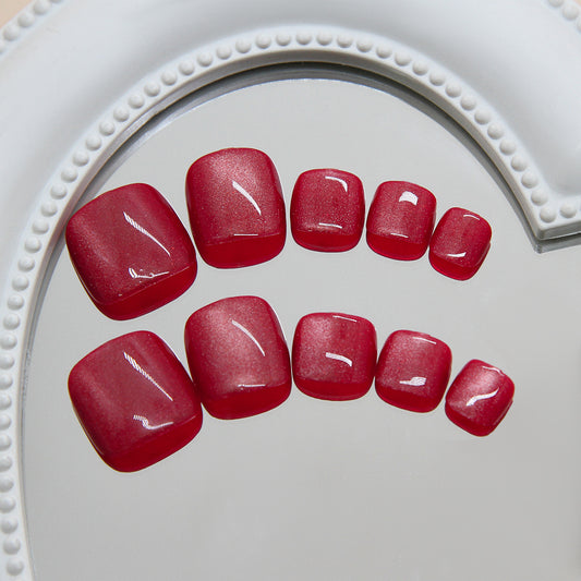 Glamorous Red Short Square Toenails with Shimmering Finish