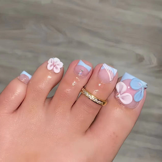 Blossom Bliss Short Square Blue Floral Press On Toenail Set with Unique Three Dimensional Accents
