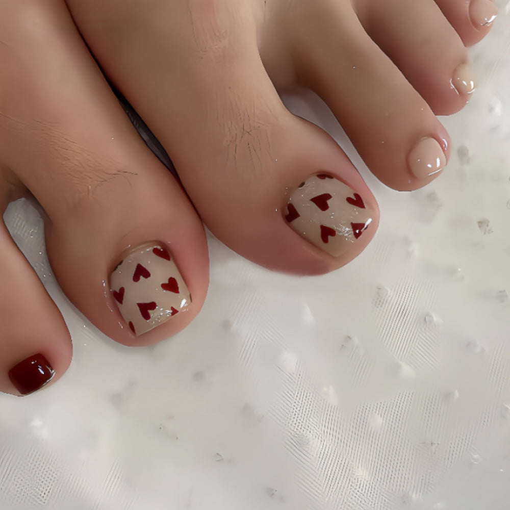 Whimsical Heartbeat Short Square Burgundy and Beige Press-On Toenail Set with Charming Heart Designs