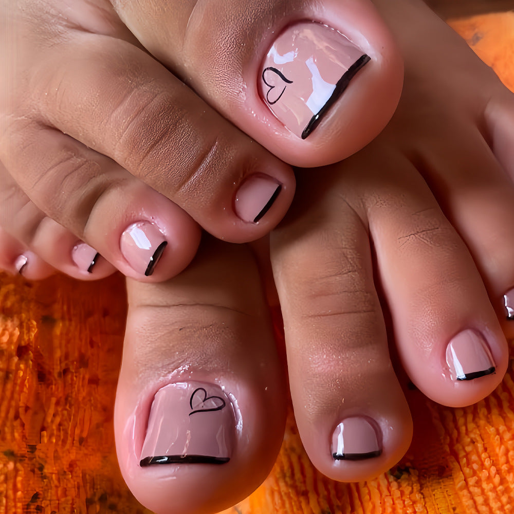 Sweet Romance Press On Toenail Set Short Square Blush Pink with Heart Design