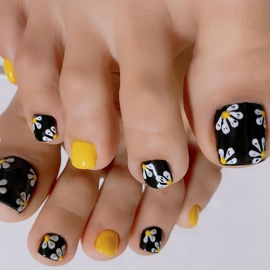 Bohemian Breeze Short Square Black and Yellow Floral Press On Toenail Set