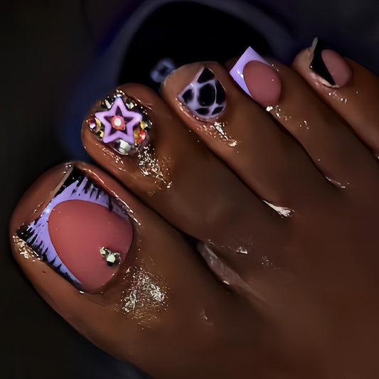 Tropical Vibes Short Square Shaped Pastel Pink with Eye-Catching Star Detail Press-On Toenail Set