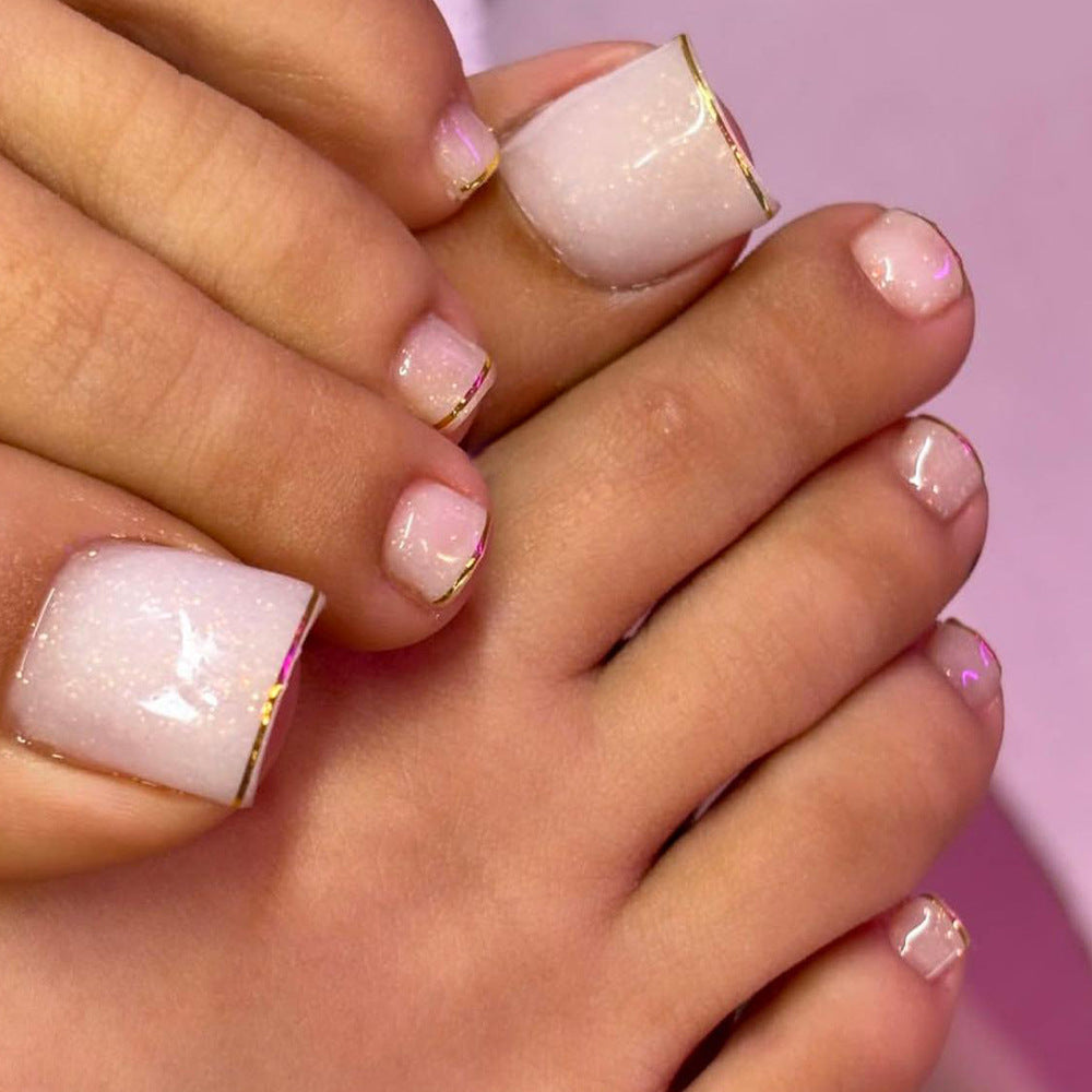 Glamorous Elegance Short Square Long Pink Shimmer with Gold Accent Toenail Set