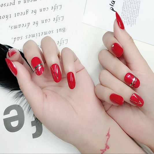 Red Glamour Oval Press On Nail Set Medium Sharp Red with Gold Accent Stripes and Studs