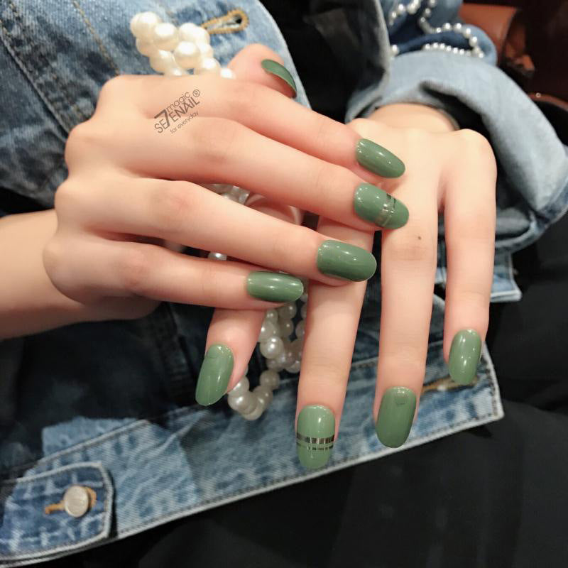 Nature's Elegance Long Oval Sage Green Press On Nail Set with Glitter accents