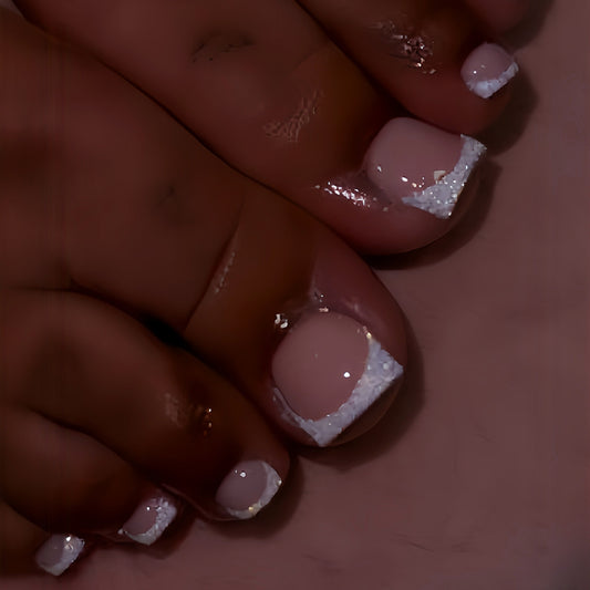 Dreamy Beach Vibe Short Square Blush Pink with Sparkling White Tips Press On Toenail Set