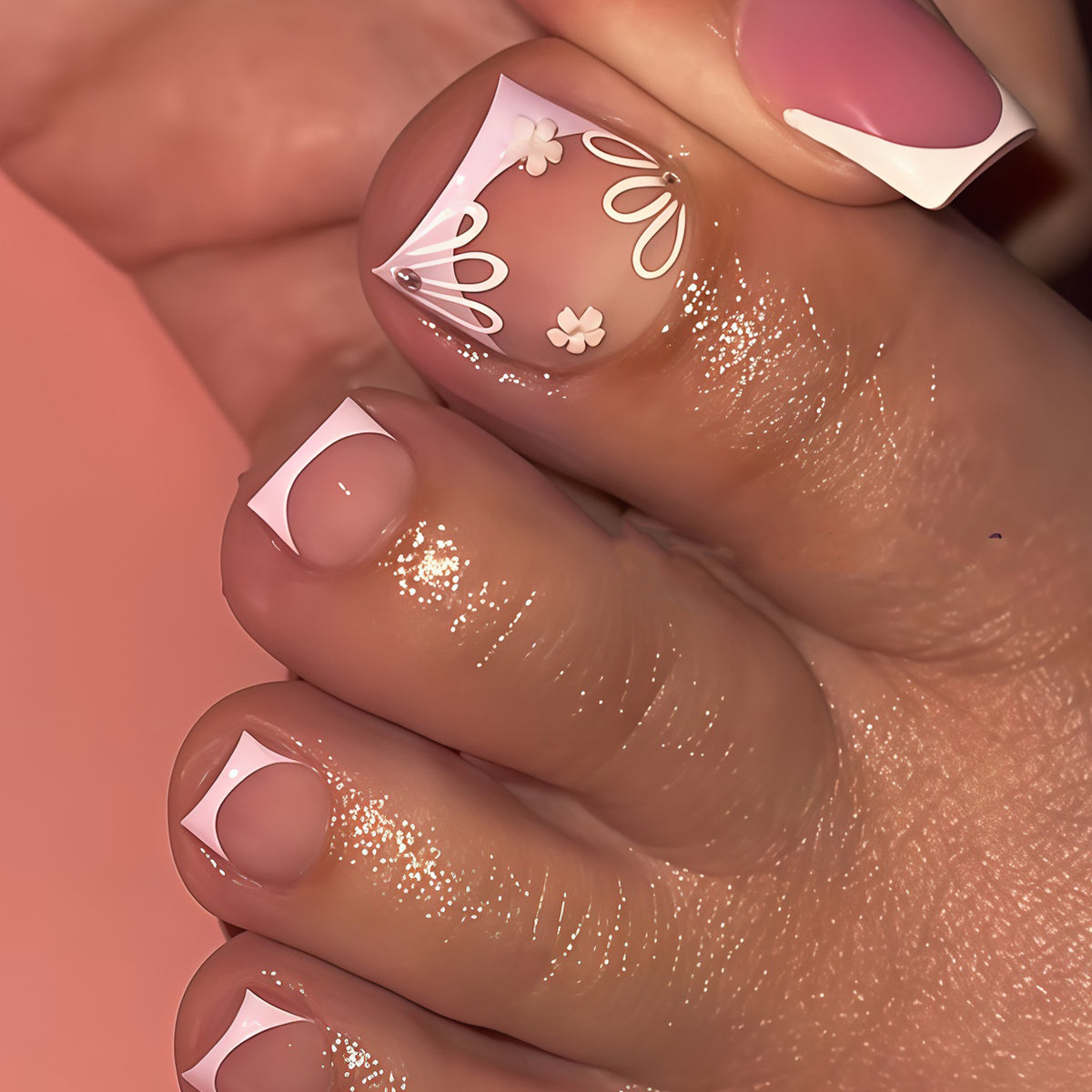 Charming Blossom Short Square Pink Press On Toenail Set with Floral Accents