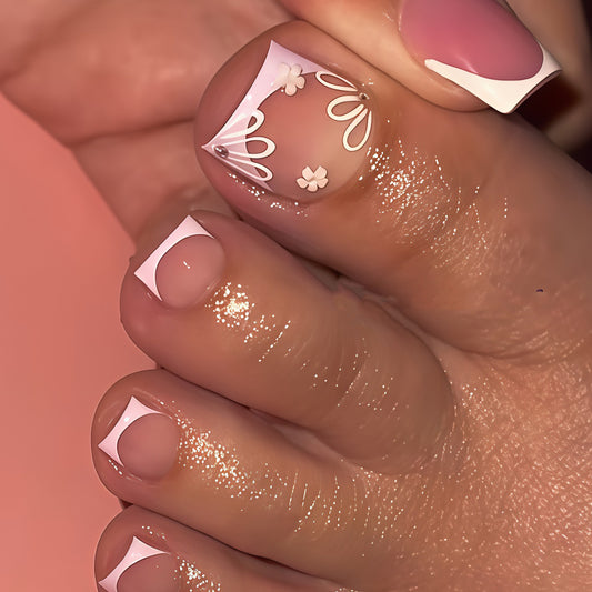 Charming Blossom Short Square Pink Press On Toenail Set with Floral Accents