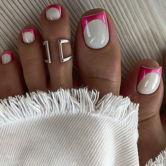 Tropical Vibes Short Square Pink and White Press On Toenail Set with Glossy Finish