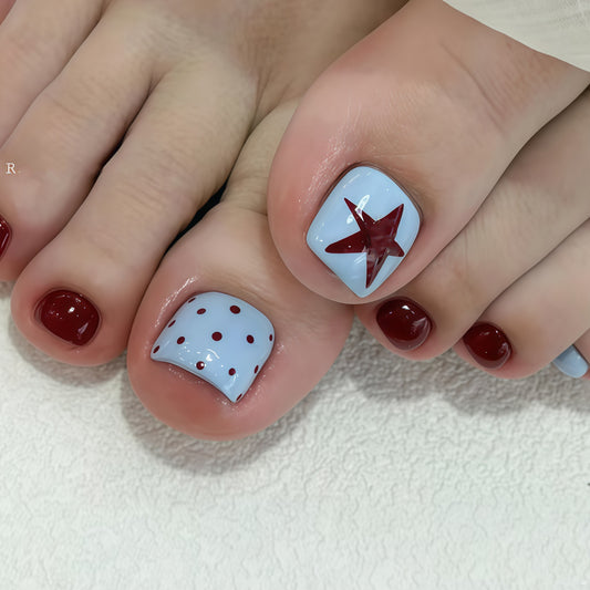 Ocean Breeze Short Square Blue and Red Polka Dot Toenail Set with Star Accent