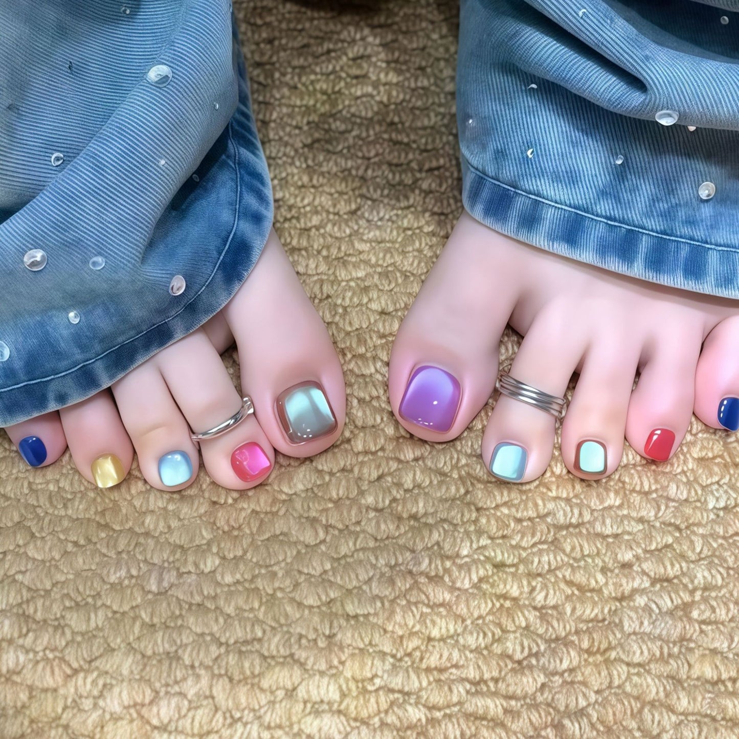 Whimsical Rainbow Short Square Press On Toenail Set in Pastel Colors with Gradient Shine Finish