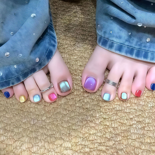 Whimsical Rainbow Short Square Press On Toenail Set in Pastel Colors with Gradient Shine Finish
