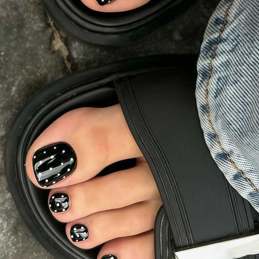 Chic Black Short Square Polka Dot Press On Toenail Set