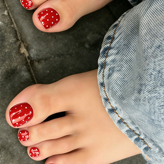 Chic Polka Dot Short Square Red Glossy Press On Toenail Set with Unique Shine