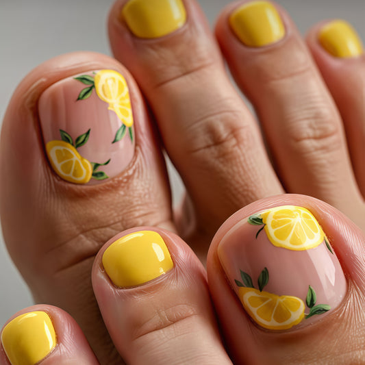 Refreshing Lemonade Inspired Short Square Yellow Press On Toenail Set with Vibrant Lemon Designs