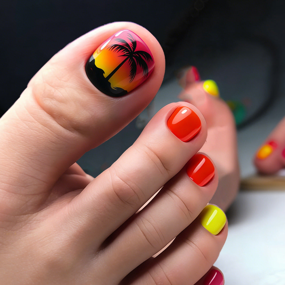 Tropical Sunset Short Square Bright Orange and Pink Gradient Press On Toenail Set with Palm Tree Design