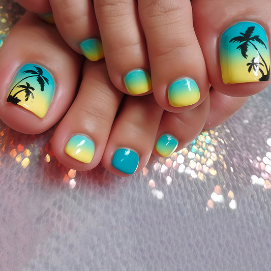 Tropical Vibes Short Square Sunset Ombre Press On Toenail Set