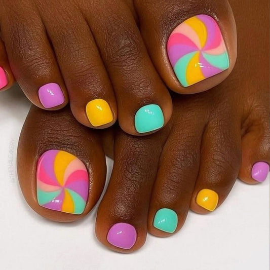 Tropical Vibes Short Square Multicolor Swirl Press On Toenail Set
