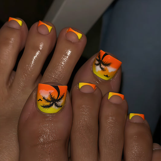 Tropical Sunset Short Square Orange and Yellow Ombre Toenail Set