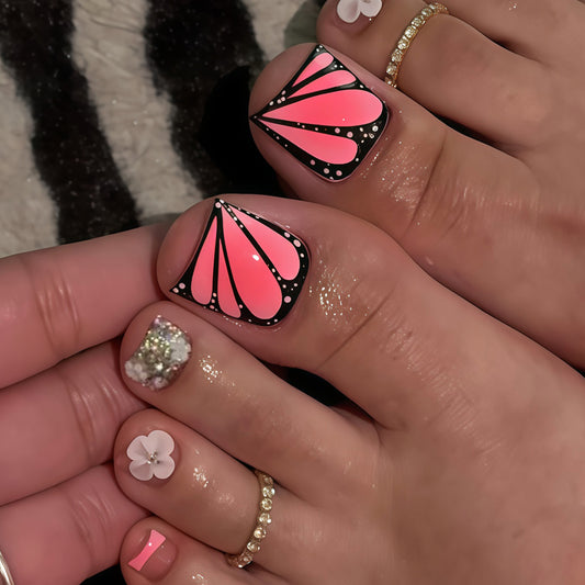Tropical Delight Short Square Pink Glitter Press On Toenail Set